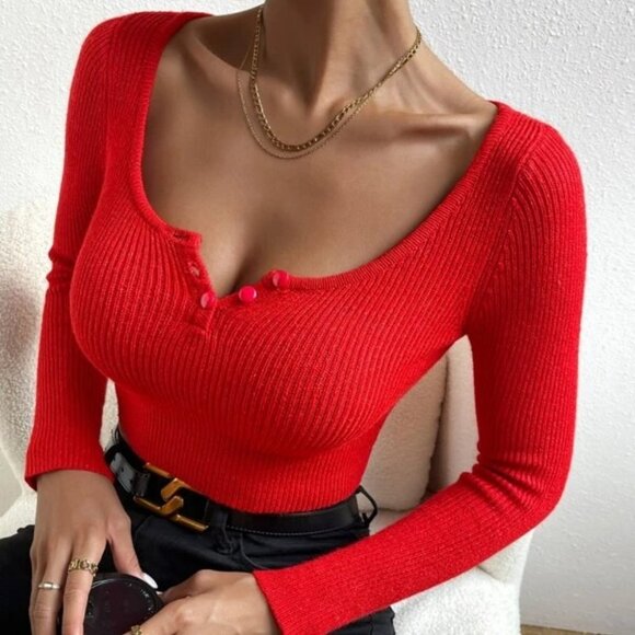 Scoop Neck Button detailed Cropped Rib-Knit Sweater top Red - Picture 1 of 7